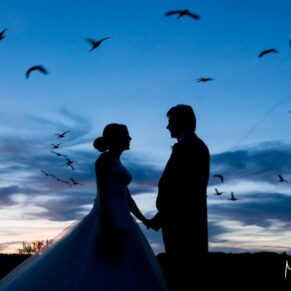 Dramatic sunset pose of the newlyweds with migrating birds flying past along the River Thames at their Bisham Abbey wedding