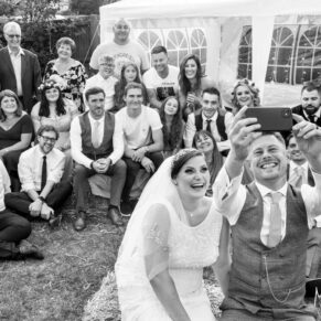 Black and white Buckinghamshire selfie marquee wedding photography