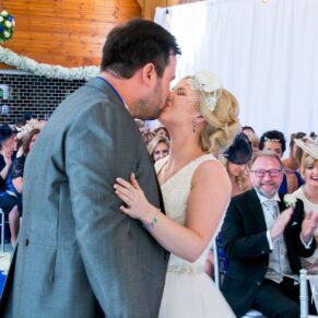 The first kiss performed during the civil ceremony in the barn on the estates