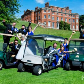 Photography of the buggies at the ready for the fun loving wedding bridal party as they prepare to exploring the surrounding estate at Brocket Hall
