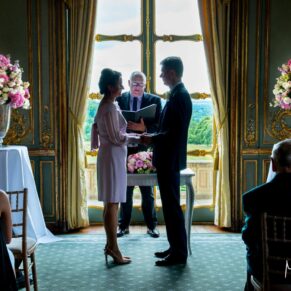 Cliveden House wedding photography - silhouette shot of the newlyweds during the civil ceremony