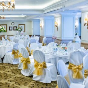 The Dining Room interior setup just prior to the wedding breakfast at this famous Compleat Angler Buckinghamshire venue