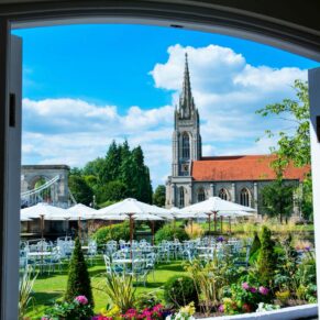 The hotel has wedding photography opportunities in every direction - this capture was through one of the Compleat Angler Hotel's windows overlooking the gardens towards Marlow Bridge and All Saints Church