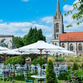 The view through the waterside terrace gardens at the famous Compleat Angler Hotel in Marlow