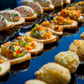 These gorgeous wedding canapes have the absolute wow factor for photography on this reflective platter at The Compleat Angler Hotel in Marlow