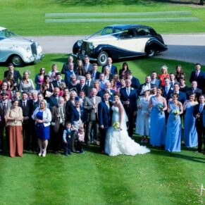 All the wedding guests captured on the front lawn from high above on the roof of Dorton House