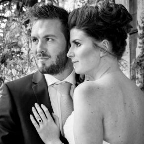 Black and white close-up portrait of the bride and groom at their Dorton House wedding reception