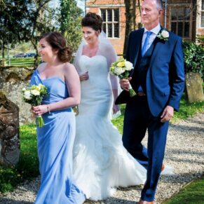 Dorton House wedding photography - the bride and her father arriving at the chapel