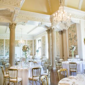 Wow high ceilings and chandeliers in the historic dining room