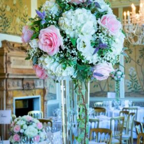 The stunningly delicate table centres in the dining room
