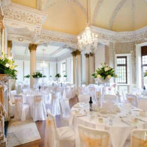A view of the grand interiors inside the chinoiserie painted grand Dining Room
