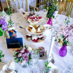 Colourful table centre for the meal being served in the Dining Room