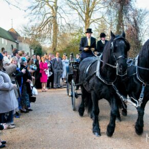 The horses and carriage proceed between the guests whilst carrying the bride and groom