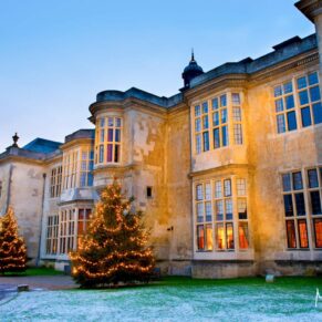 Hartwell House Hotel exterior captured just before sunrise at Christmas