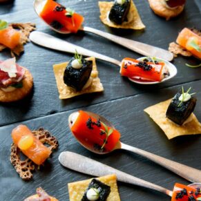 Delicious wedding canapes prepared by the chefs at Le Manoir Aux Quat Saisons