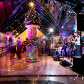 The band performing under dramatic lighting in the Wintergarden at The Dairy