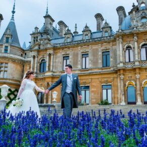 A visit to Waddesdon Manor with the newlyweds produced this striking shot of them walking through a landscape of blue flowers under a gorgeous blue sky