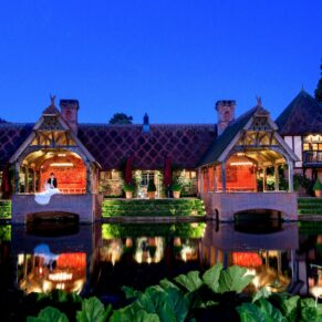 The Dairy captured at dusk across the lake creates such a dramatic capture at the end of the wedding day