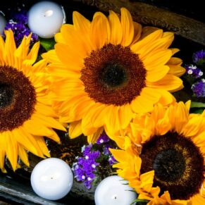 Five Arrows Waddesdon wedding photography of a floating sunflower floral display