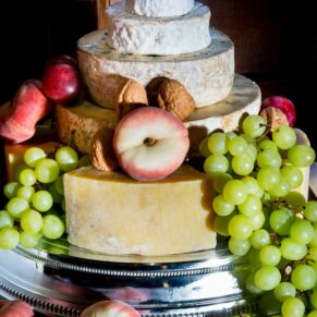 The sumptuous layered cheese tier at this foodies dream wedding day