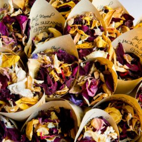 The personalised wedding confetti cones looked fabulously colourful for photography at the Beaumont Estate