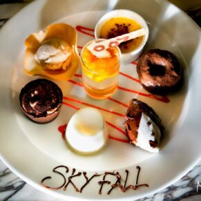 Buckinghamshire events photography of a colourful dessert for a James Bond themed corporate evening