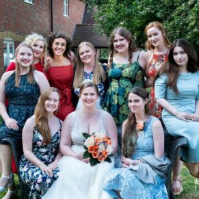 The bride’s girlfriends pose for the camera at this Mercure Lambert Hotel wedding, Thame