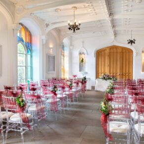 The fabulous Garden Room with themed decorations for a wedding ceremony at the historic abbey