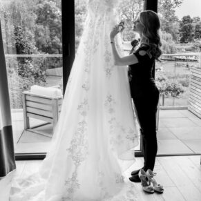 Swan at Streatley wedding - the bride prepares her gown pre ceremony