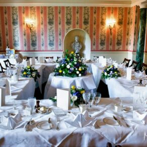 The stunning Doric Dining Room all setup for the wedding breakfast at Hartwell House Hotel