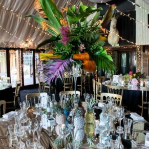 A tropical themed Dining Room interior for this adventurous couple at their Crazy Bear Hotel wedding in Stadhampton