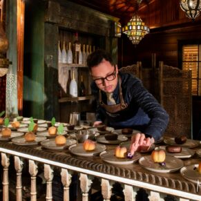 Fancy desserts being prepared for the wedding guests at this fabulous evening reception at The Crazy Bear Hotel in Stadhampton