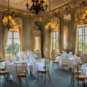 The historic French Dining Room at Cliveden House seen in all its colourful splendour prior to the wedding breakfast