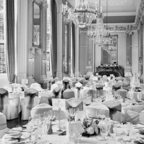 Buckinghamshire Black and White Wedding Photography - the Versailles Suite interior at Danesfield House all setup for the meal