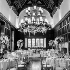 Buckinghamshire black and white wedding photography of the venue's barn interior