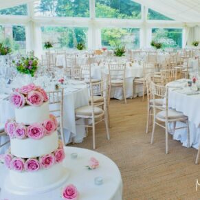 The amazing marquee interior and cake captured prior to the meal at this Buckinghamshire venue