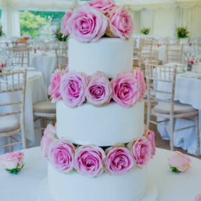 Stunning cake with real pink roses in the gorgeous marquee
