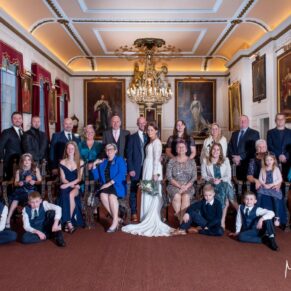 Buckinghamshire Winter Wedding Photography - big group pose inside the Guildhall in Windsor