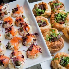 Fabulous canapes served to the guests during the wedding drinks reception at Clearwell Castle make a colourful photography opportunity