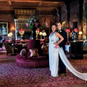 When the backdrops are this incredible, it's hard to go wrong on a wedding day! Cliveden House certainly has some stunning vistas both inside and out, in this instance the couple have been photographed in the Great Hall. I've used some atmospheric directional lighting to achieve the results you see here.  Thankfully the room was quiet when I took this image, otherwise you may have seen a few ghostly figures in the background. Stunning lighting and atmospheric backdrop for this pose of the newlyweds in the Great Hall at Cliveden House on their wedding day