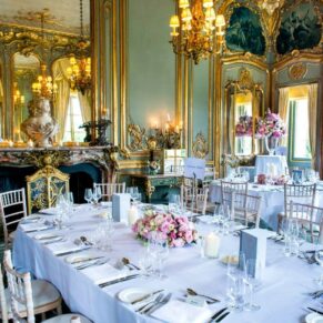Photography of stunning wedding breakfast setup in the historic French Dining Room at Cliveden House