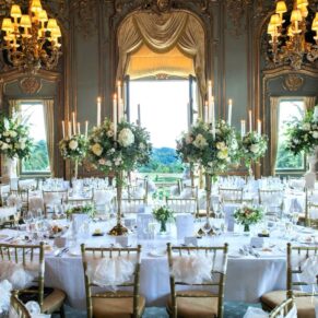Photography of the striking French Dining Room all setup for the wedding breakfast at Cliveden House