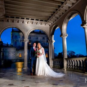 I love a challenge, and within the Cockerell Pavilion there is no light whatsoever after dark! But once I add my floodlighting tricks to the mix, the transformation is as dramatic as can be! I'd positioned the newlyweds by torch light, then I set about weaving my magic with my lighting to achieve the results that you see here. I was so thrilled with this night time capture that I decided to include this photo in my current wedding brochure. The newlyweds captured at dusk with dramatic lighting in the Cockerell Pavilion at Cliveden House on their wedding day