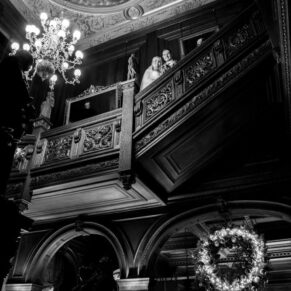 The dramatic staircase is always a wow shot for a picture of the newlyweds