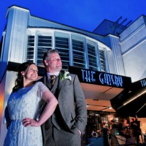 Gatsby Berkhamsted - Hertfordshire Wedding Photographer - dramatic dusk pose of the newlyweds outside the front of the venue
