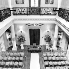 The Great Hall civil ceremony setup captured from the balcony