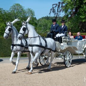 The horse and carriage picking up speed outside Hedsor House wedding venue as it speeds away with the newlyweds
