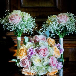 Wedding bouquet arrangement captured in the library on the Latimer Estate