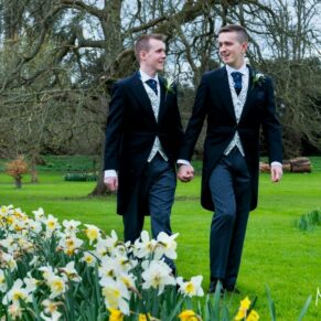 Same Sex Buckinghamshire Wedding Photography - the grooms take a stroll in the gardens of Missenden Abbey