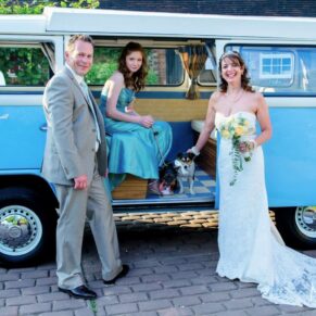 Old Luxters Wedding Photography - the newlyweds with their vintage mode of transport